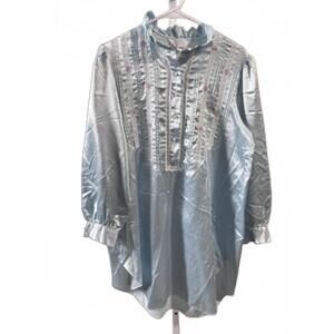 Vintage Jodie Arden Light Blue Silk Nightgown with Lace & Floral Details